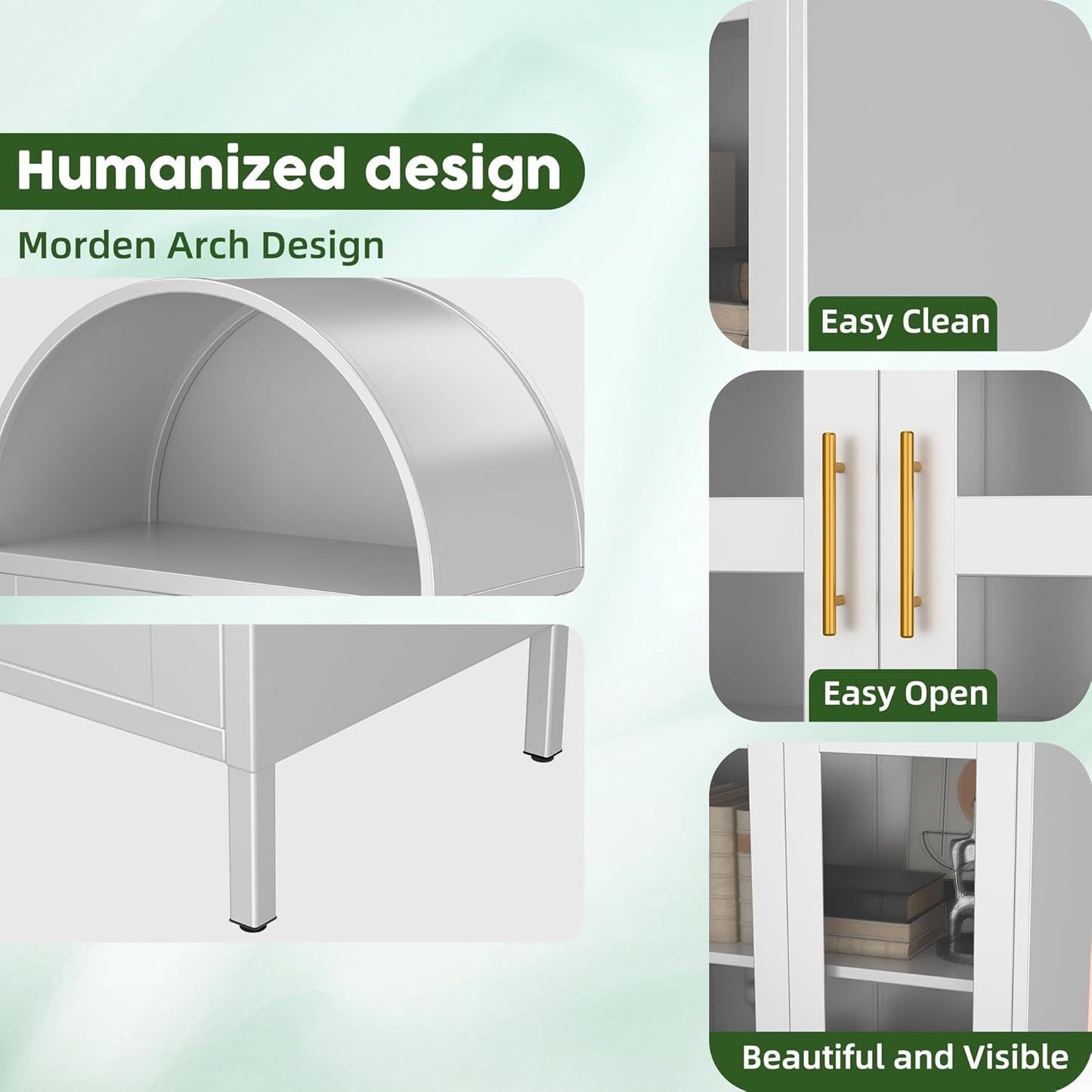 SUPEER Metal Showcase Sideboard Standing Cabinet With Arch Roof, Kitchen Cabinet With 2 Glass Doors, Glass Display Cabinet For Living Room, Bedroom, 185 X 80 X 40 Cm White