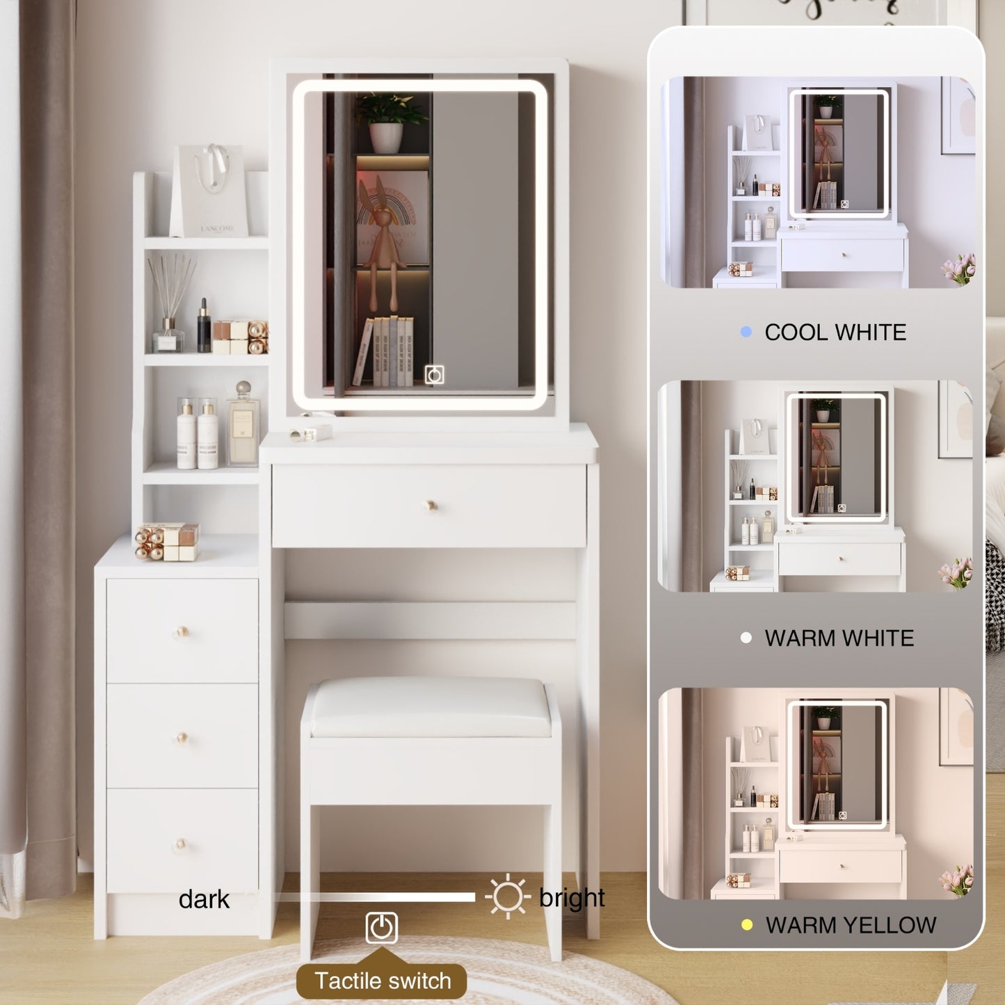 Small Size Left Bedside Cabinet Vanity Table   Cushioned Stool, Extra Large Touch Control Sliding LE