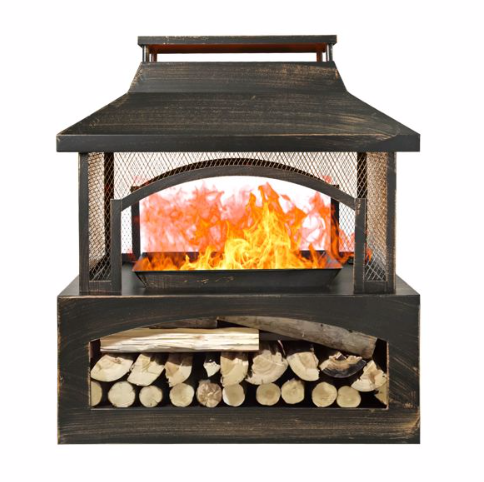 37 Inch Rectangular Metal Outdoor Wood Burning Fireplace - Outdoor Fireplace With Built-in Log Storage & Brush Stick For Log Burner Fire Pit In Patio Garden & Backyard