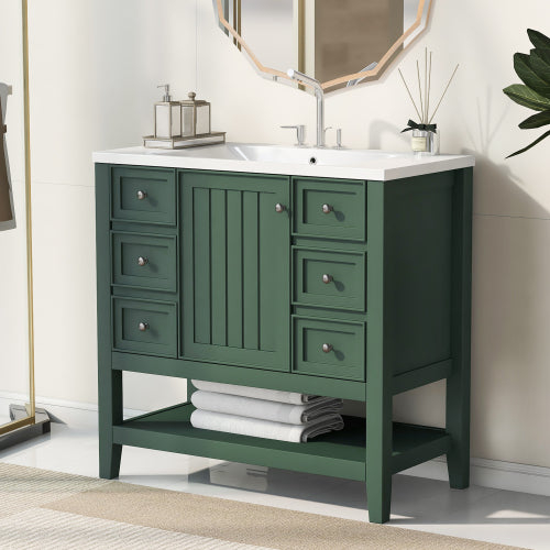 36 Bathroom Vanity With Sink, One Cabinet And Three Drawers, Solid Wood And MDF Board,