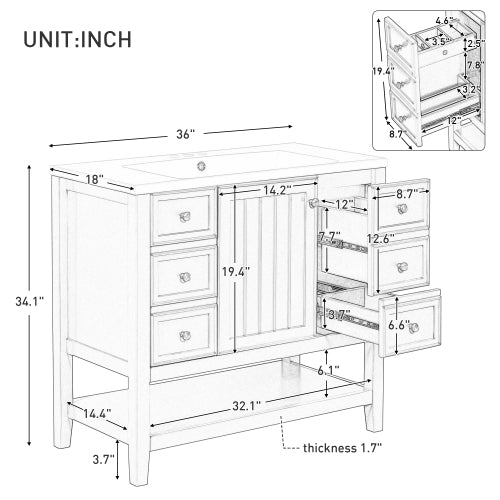36 Bathroom Vanity With Sink, One Cabinet And Three Drawers, Solid Wood And MDF Board,