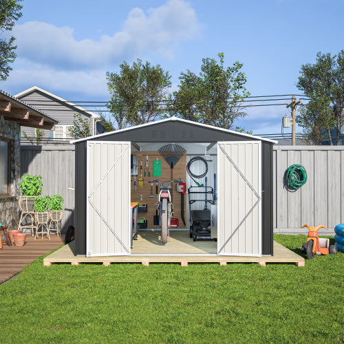 Outdoor Storage Shed 10x12 FT, Utility Metal Tool Storage With Lockable Doors And Updated Frame Structure, Large Metal Garden Shed For Backyard, Patio Lawn, Black