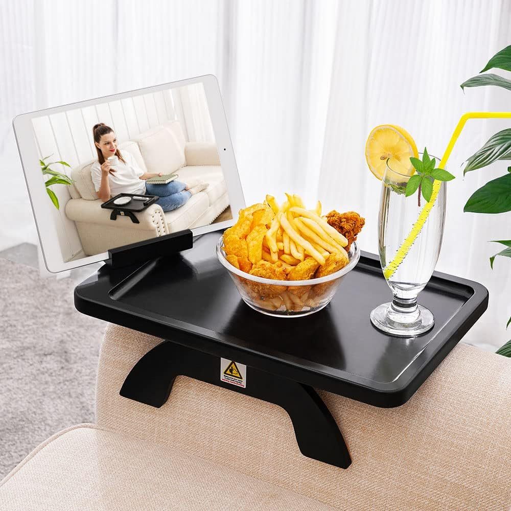 Bamboo Sofa Clip on Side Table for Wide Couches Arm, Foldable Couch Tray with 360° Rotating Phone Holder, Armrest Table for Eating/Drinks/Snacks/Remote/Control