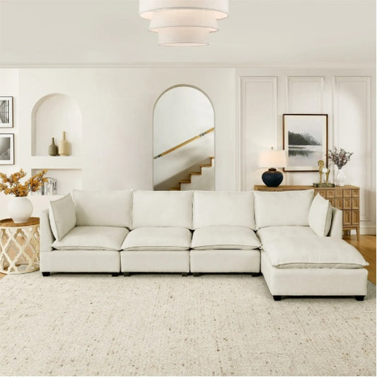 Convertible Sectional Sofa Couch With Ottoman, Cloud Couch 4 Seat L Shaped Sofa With Padded Armrests And Ottoman .Cloud Sofa For Living Room, Apartment And Office, Beige Beige White