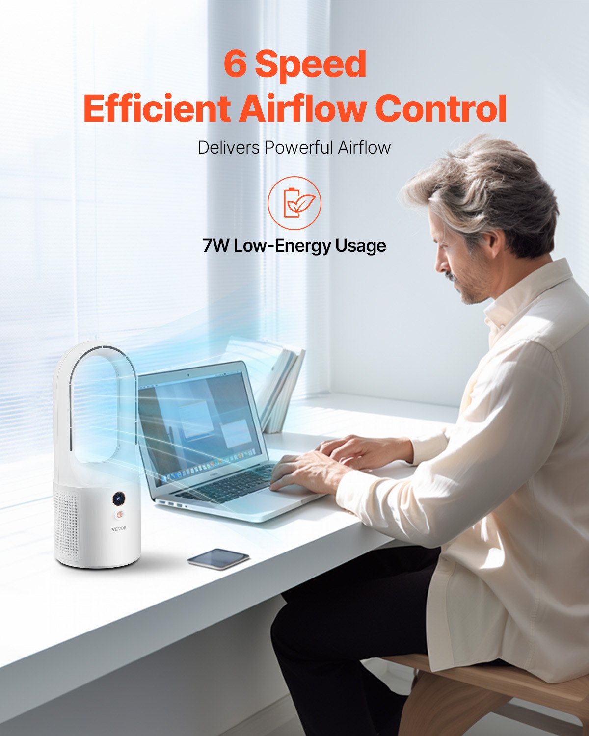 Tischventilator Ohne Flügel Tragbarer 330 Mm Ventilator 6-Gang-USB-Kühler Leiser Kleiner Turmventilator Mit Wiederaufladbarem Akku