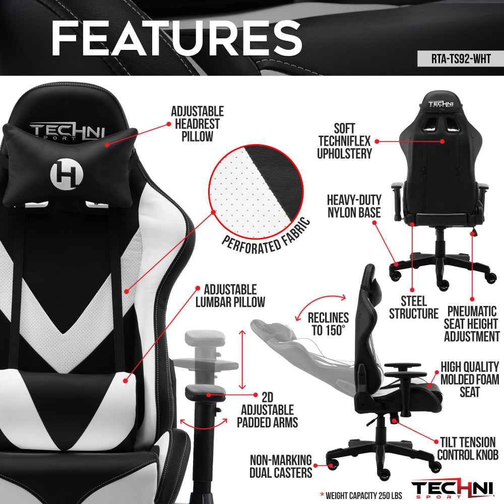 Techni Sport TS-92 Office-PC Gaming Chai, White