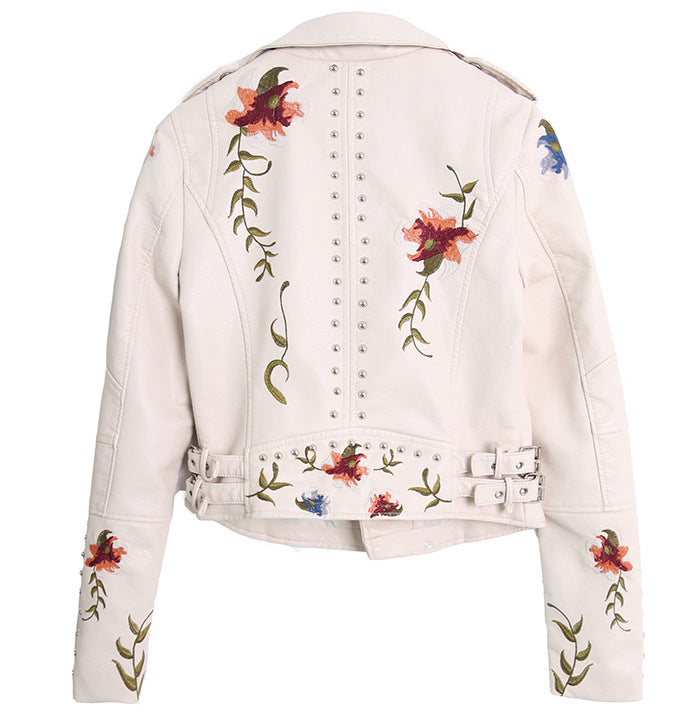 Spring Supply Light Mature Temperament Embroidered Rivets Women&#039;s PU Heavy Metal Fashion Leather Women&#039;s Short Jacket