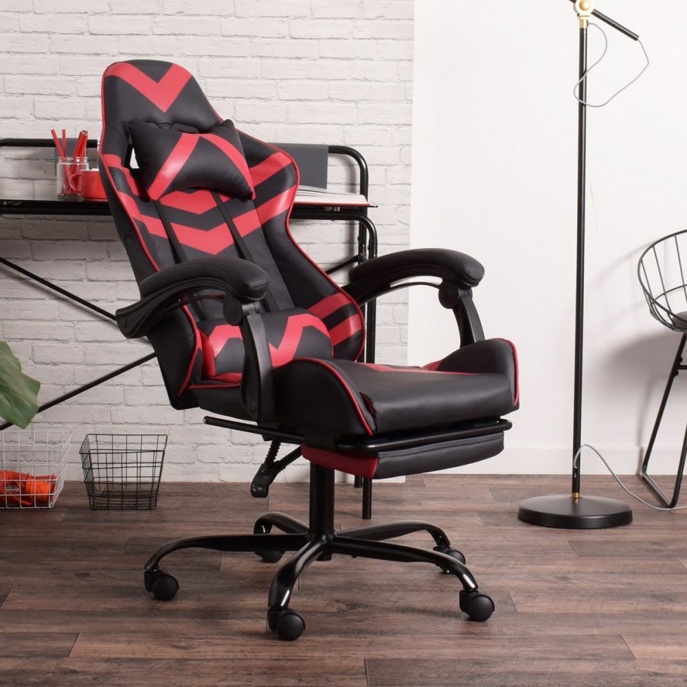 Gaming Office High Back Computer Leather Desk Mesh Ergonomic 180 Degrees Adjustable Swivel Task Chair with Headrest and Lumbar Support, &amp; Footrest , Red