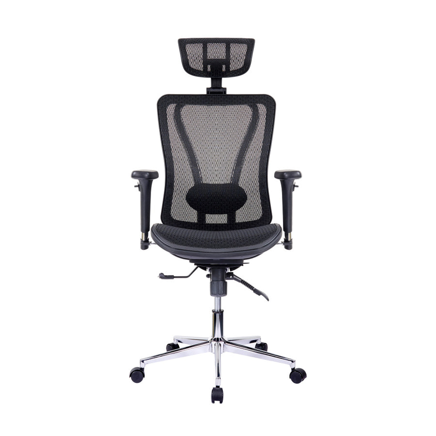 Silla de oficina ejecutiva de malla con respaldo alto, brazos, reposacabezas y soporte lumbar Techni Mobili, color negro 