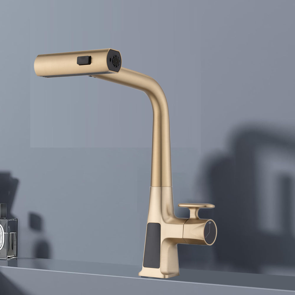 Brushed Gold Waterfall Kitchen Faucet with Temperature Display, Single Handle Kitchen Faucet with Pull Down Sprayer, Modern Kitchen Sink Faucet, Three Water Outlet Modes