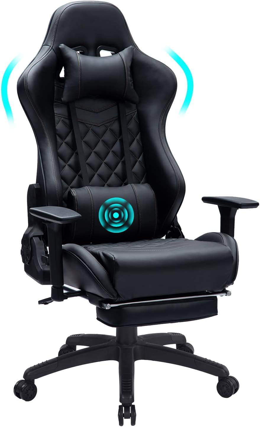 Gaming Stuhl mit Fußstützen Gamer Stuhl Mit Massagefunktion Ergonomisch Computerstuhl Gaming Chair Höhenverstellbar Sessel Drehstuhl Schreibtischstuhl Verdickte Sitzkissen, Schwarz