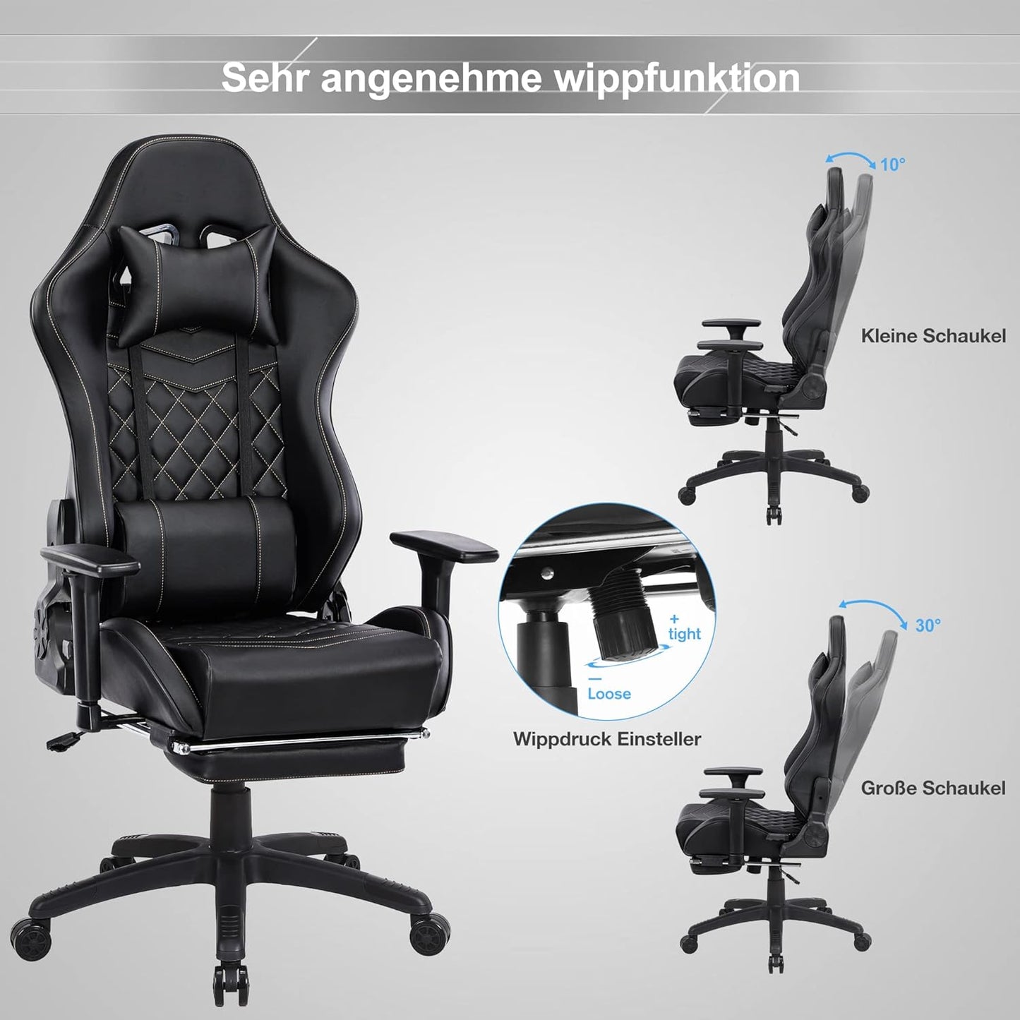 Gaming Stuhl mit Fußstützen Gamer Stuhl Mit Massagefunktion Ergonomisch Computerstuhl Gaming Chair Höhenverstellbar Sessel Drehstuhl Schreibtischstuhl Verdickte Sitzkissen, Schwarz