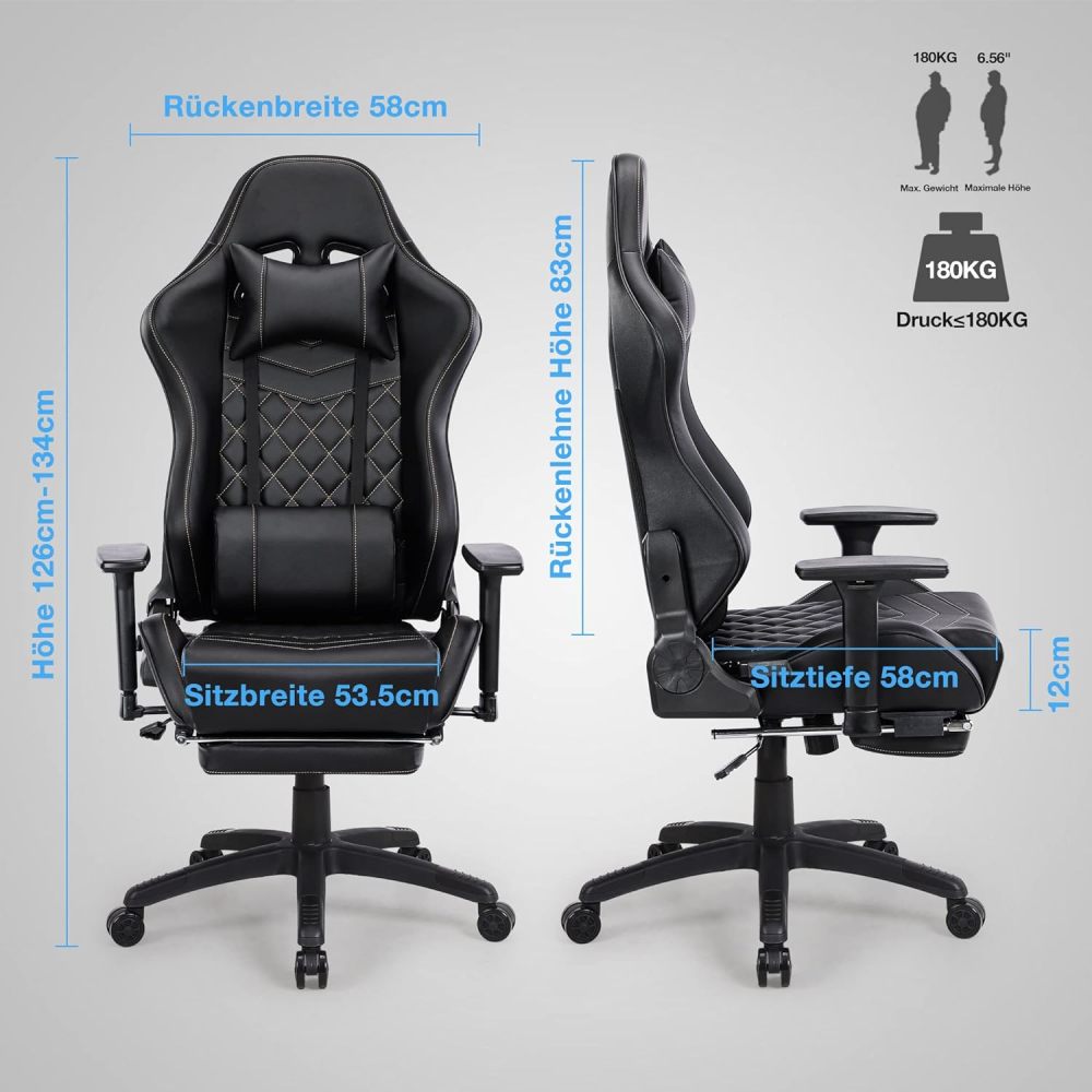 Gaming Stuhl mit Fußstützen Gamer Stuhl Mit Massagefunktion Ergonomisch Computerstuhl Gaming Chair Höhenverstellbar Sessel Drehstuhl Schreibtischstuhl Verdickte Sitzkissen, Schwarz