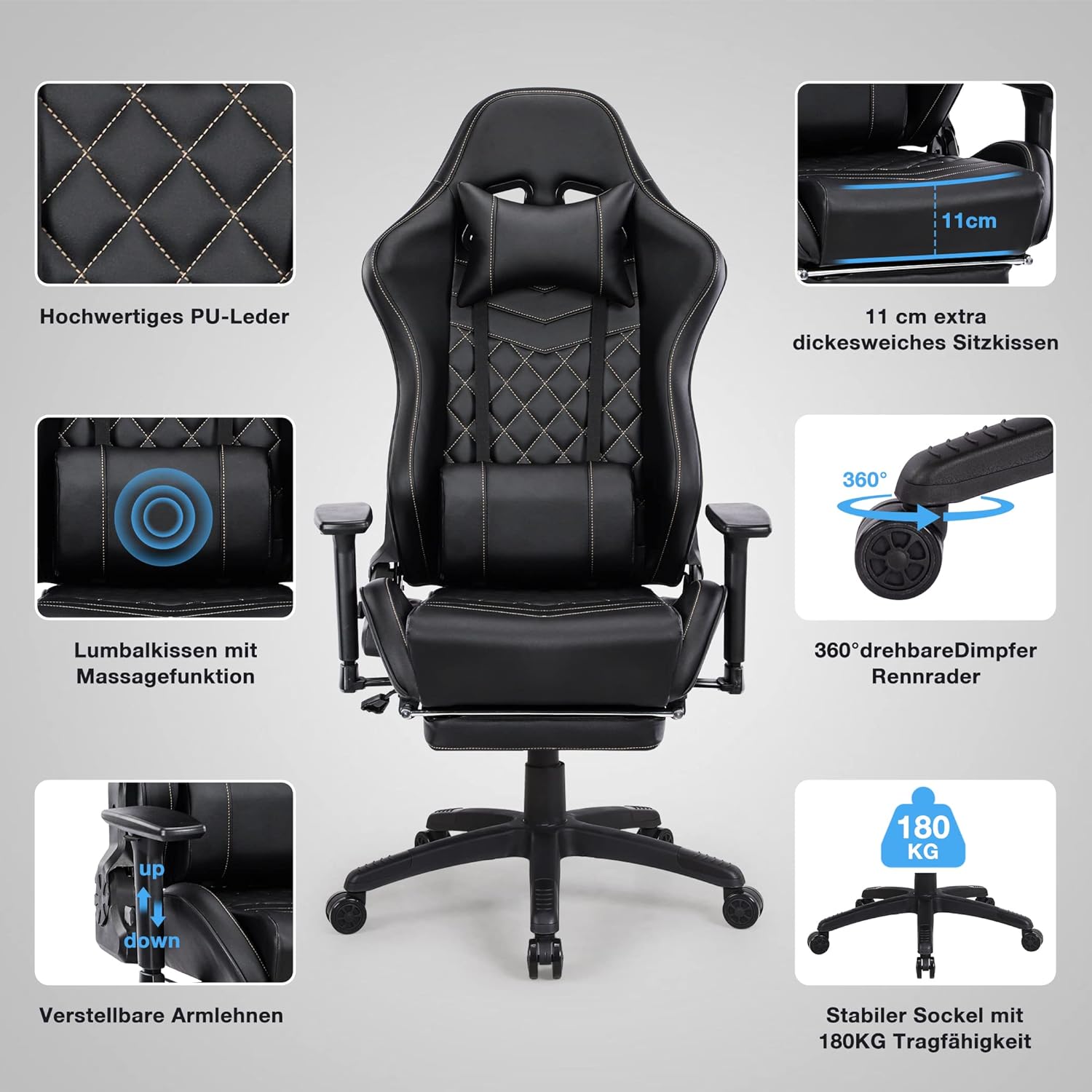 Gaming Stuhl mit Fußstützen Gamer Stuhl Mit Massagefunktion Ergonomisch Computerstuhl Gaming Chair Höhenverstellbar Sessel Drehstuhl Schreibtischstuhl Verdickte Sitzkissen, Schwarz