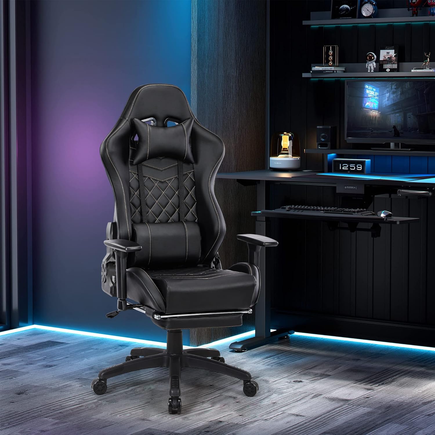 Gaming Stuhl mit Fußstützen Gamer Stuhl Mit Massagefunktion Ergonomisch Computerstuhl Gaming Chair Höhenverstellbar Sessel Drehstuhl Schreibtischstuhl Verdickte Sitzkissen, Schwarz