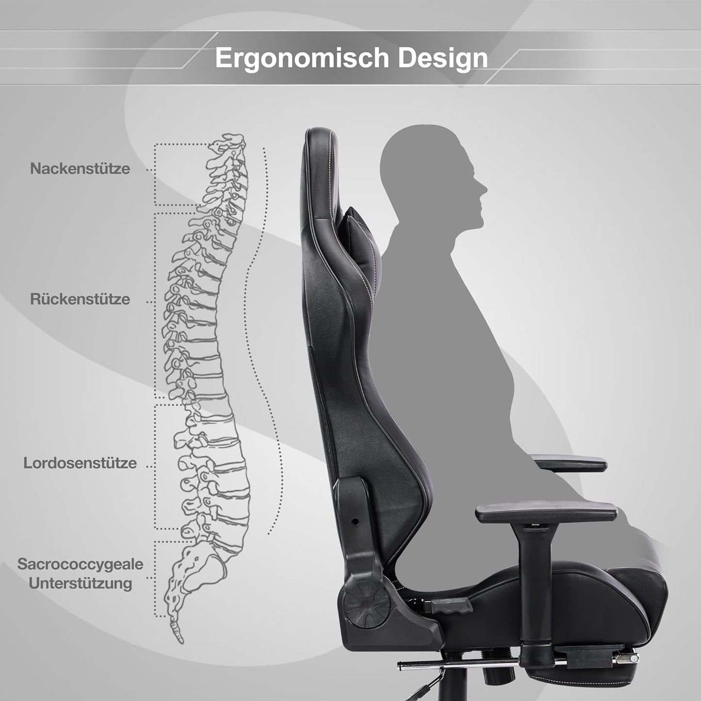 Gaming Stuhl mit Fußstützen Gamer Stuhl Mit Massagefunktion Ergonomisch Computerstuhl Gaming Chair Höhenverstellbar Sessel Drehstuhl Schreibtischstuhl Verdickte Sitzkissen, Schwarz