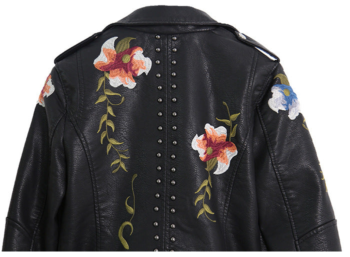 Spring Supply Light Mature Temperament Embroidered Rivets Women&#039;s PU Heavy Metal Fashion Leather Women&#039;s Short Jacket