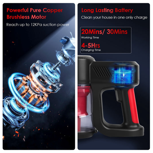 Cordless Vacuum Cleaner Lightweight Handheld Vacuum Upright Stick Floor Vacuum Battery Powered Mop With Lighting 2 Speeds 12000PA Suction 4 Tools Mount Bracket 180 Degree Foldable