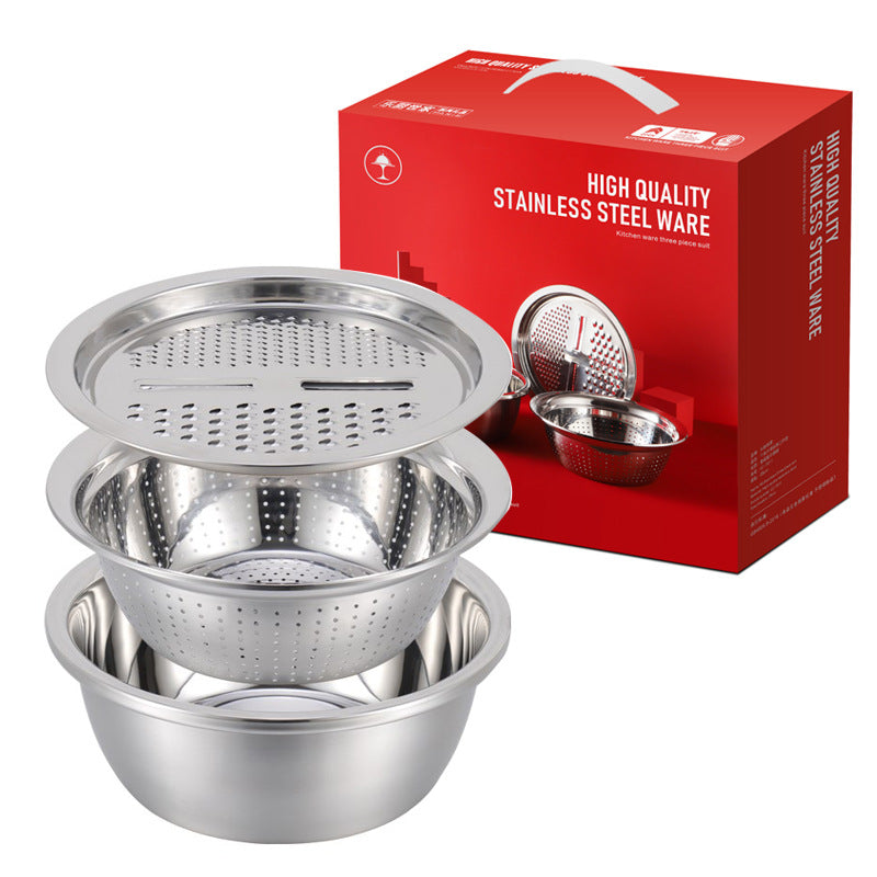 Thickened Stainless Steel Basin Set Grater Basin Set Three-piece Kitchen Washing Rice Sieve Draining Basin Practical Gift