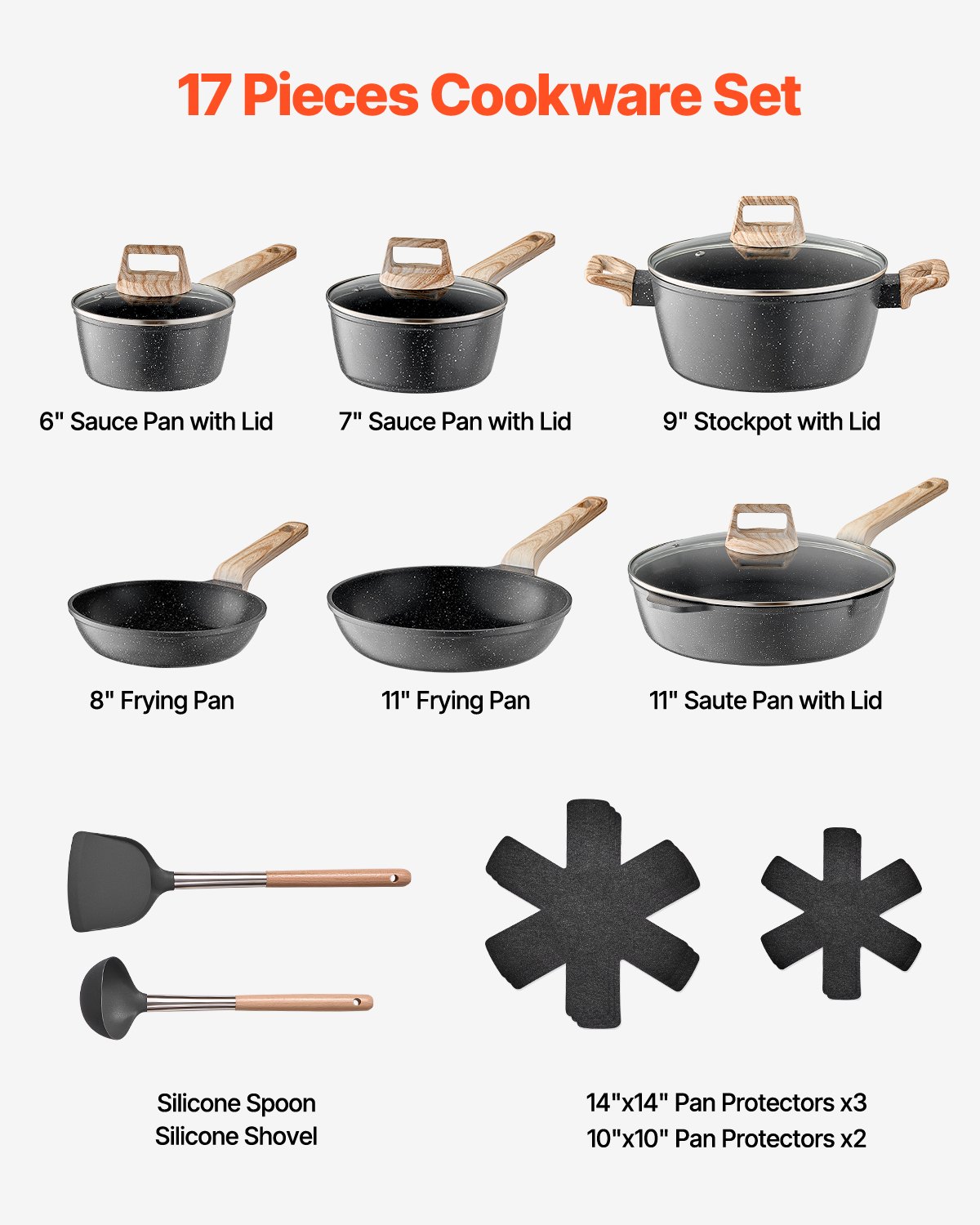 Induktion Töpfe Pfannen Set (17-teilig) Mit Glasdeckel, Antihaftbeschichtetes Kochgeschirr, Induktionskochtöpfe Für Die Küche Im Wohnmobil Zum Braten, Würzen Von Soßen Und Kochen (Schwarz)