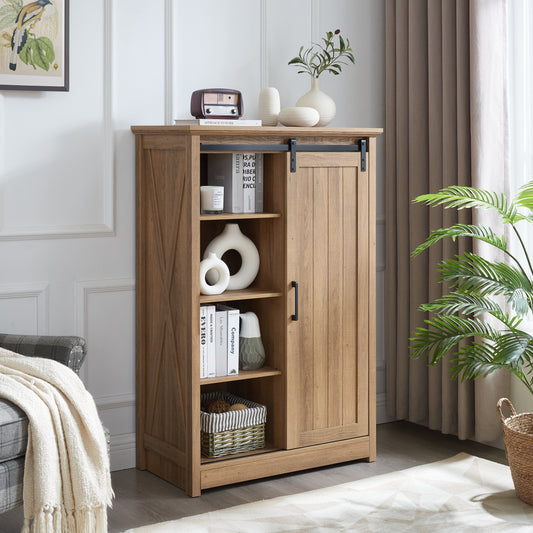 5 Drawers Dresser W Sliding Barn Door, Farmhouse Modern Tall Dresser 5 Chest Of Drawers, Storage Organizer Dresser For Bedroom, Hallway, Living Room, Kids Room OAK