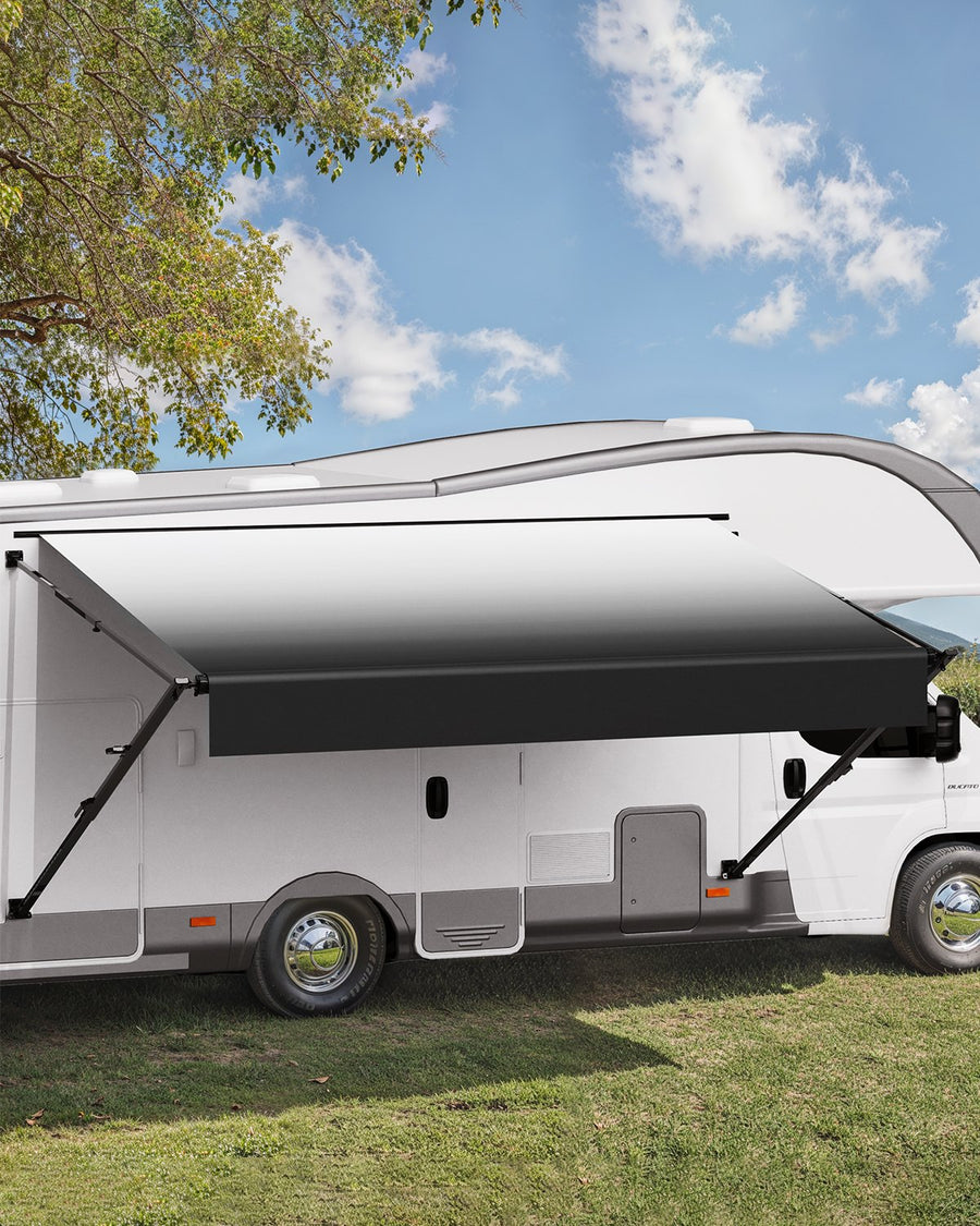 Wohnwagen Markise Einziehbare RV Markisen (548,64 Cm) Wasserdichte Wohnmobil-Markise Mit Aluminiumlegierungsrahmen, Außenmarkise Mit Schwarzem Ständer & Schwarzen Stoffen Mit Farbverlauf