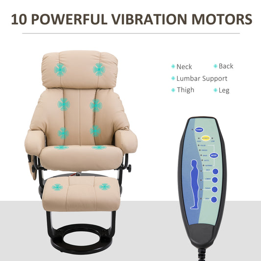 10-Point Massage Recliner Chair, Vibration Massage Sofa With Ottoman Footrest, Faux Leather And Swivel Wood Base For Living Room & Bedroom, Beige