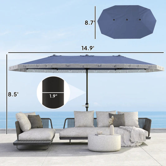 15ft Rectangle Patio Umbrella UPF30 Extra Large Outdoor Umbrella With Fringe And Crank Handle, Dark Blue