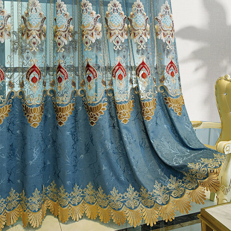 Modern Style Living Room European Hollow Embroidery Curtains Thickened Velvet Bedroom Light-proof French Windows 2-piece Set