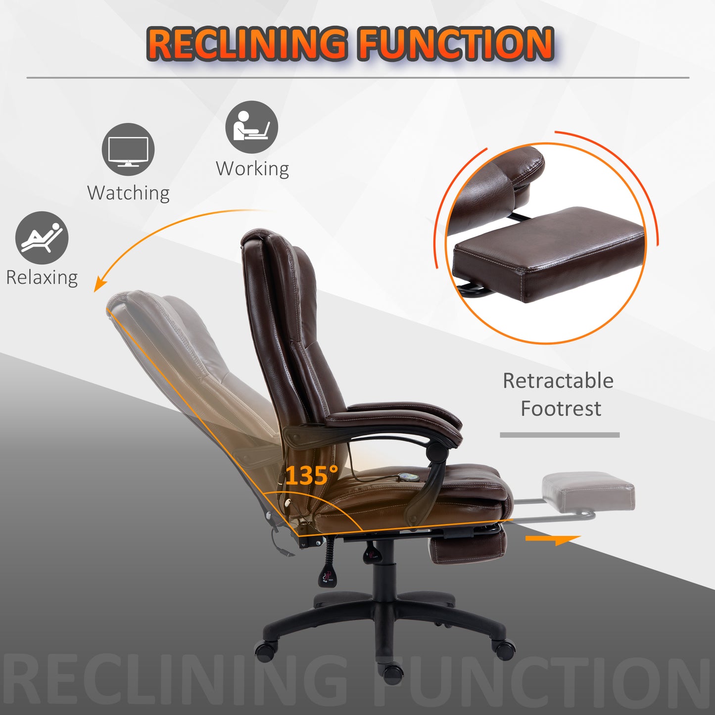 High Back Massage Office Chair with 6-Point Vibration, 5 Modes, Executive Chair, PU Leather Swivel Chair with Reclining Back, and Retractable Footrest, Brown