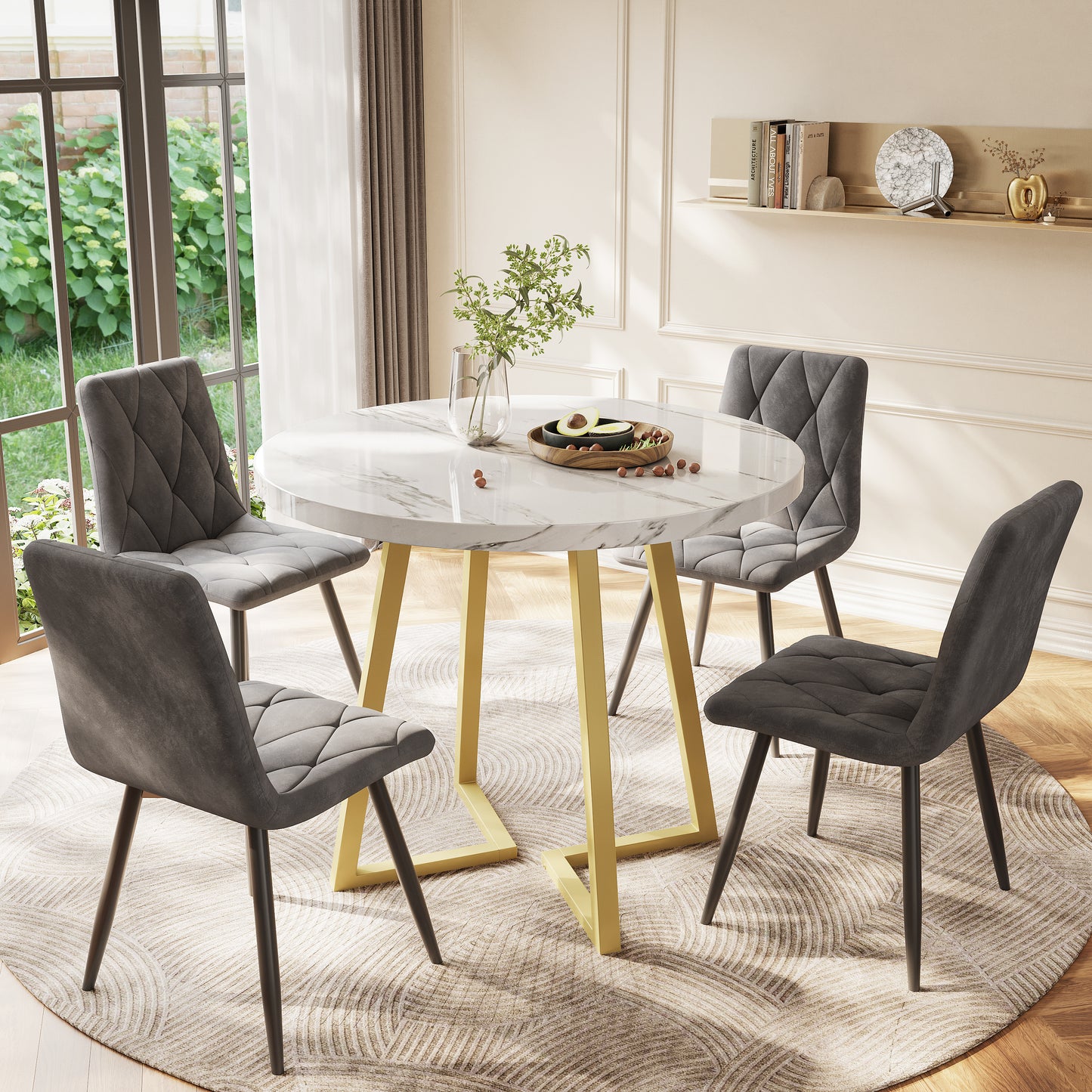 Modern Metal Frame Marble Pattern Round Coffee Table 80x80x75cm With Gold Stand, Suitable For Small Dining Table In Living Room And Bedroom