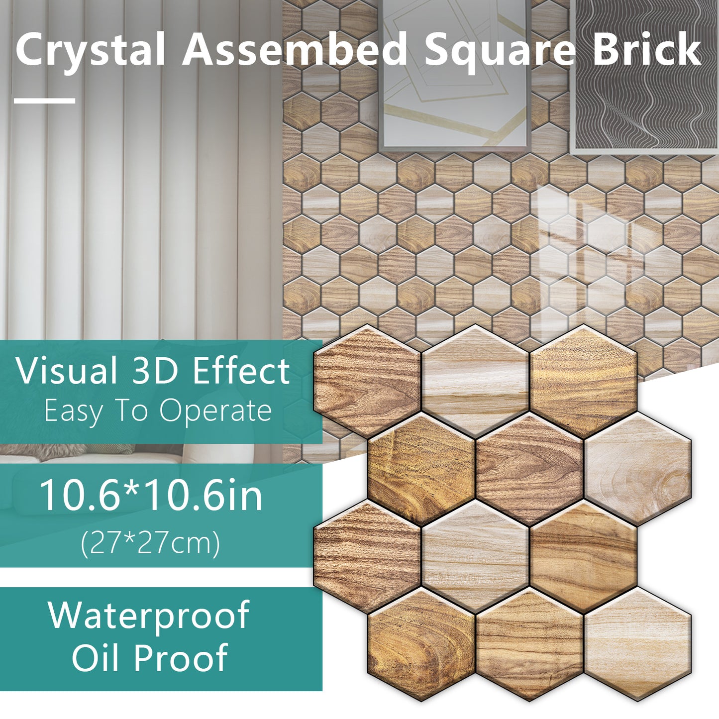 Hexagonal Peel Back Tiles, Kitchen And Bathroom Stickers, Wood Grain PVC Waterproof And Oil Proof Easy To Install Self-adhesive Wall Stickers Smooth And Easy To Clean