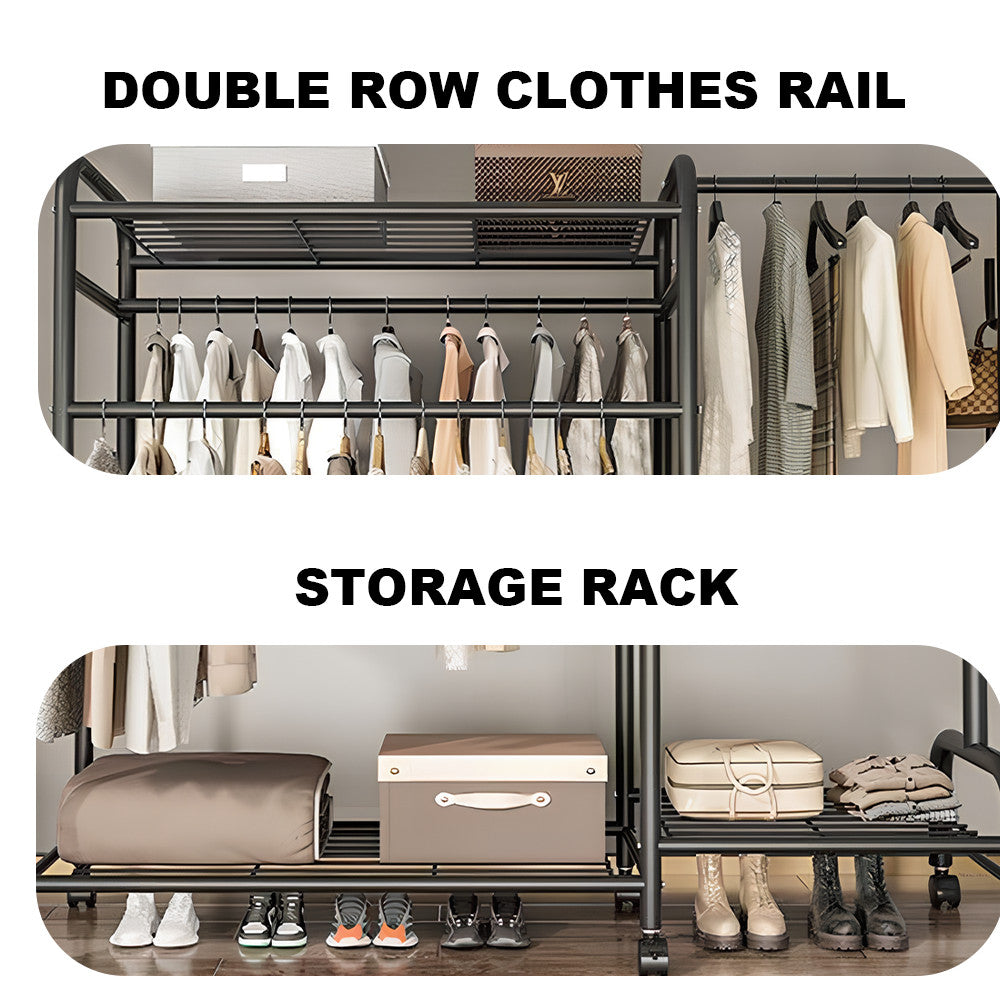 Heavy Duty Double Clothes Rail Rack Garment Hanging Stand Wardrobe Shelf--25Q-WIN-UK-Clothes Black