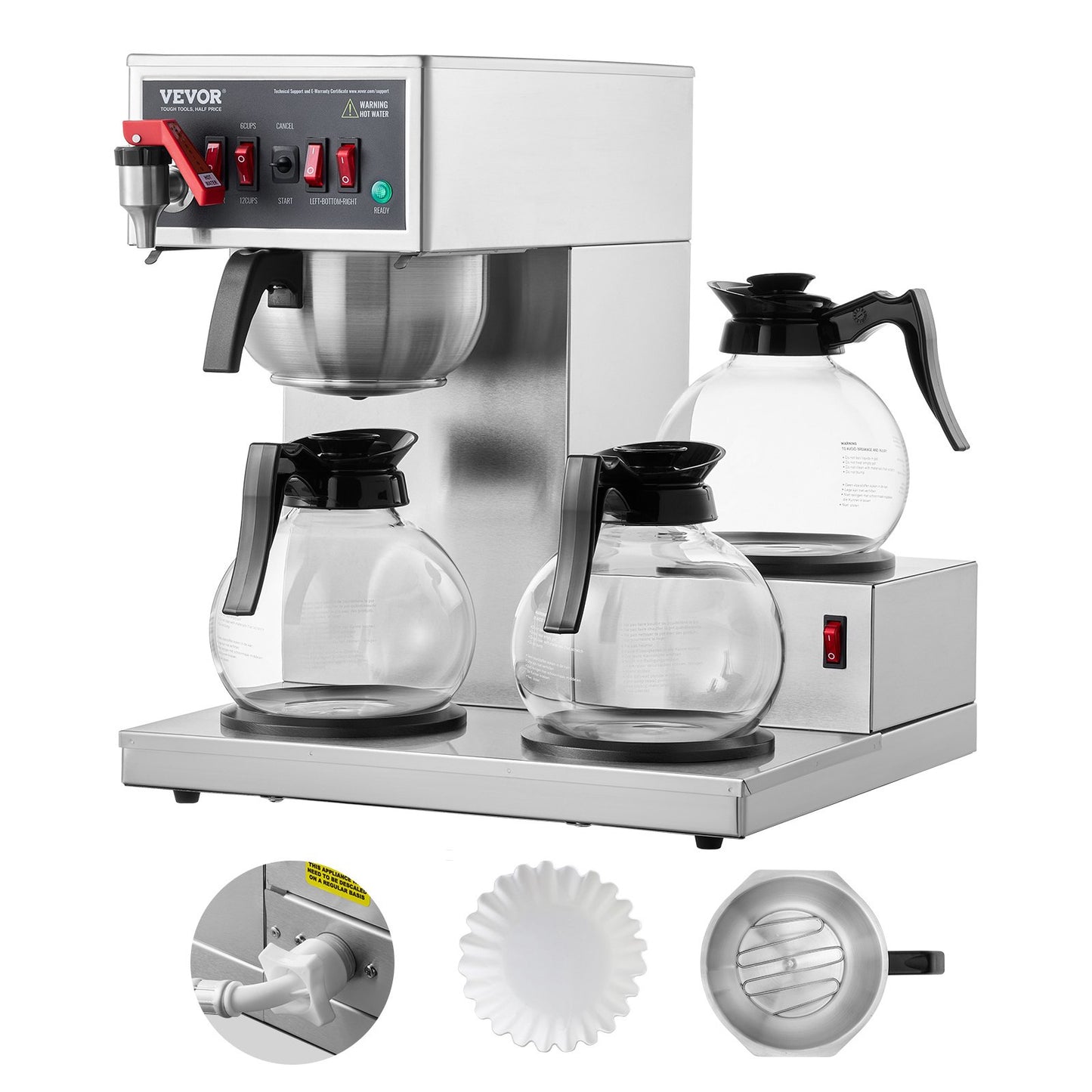 Kommerzielle Filterkaffeemaschine Für 12 Tassen Kaffeemaschine Mit 3 Glaskaraffen & 3 Warmhalteplatten, Übergieß-Kaffeemaschine Aus Edelstahl Für Restaurant Büro Café