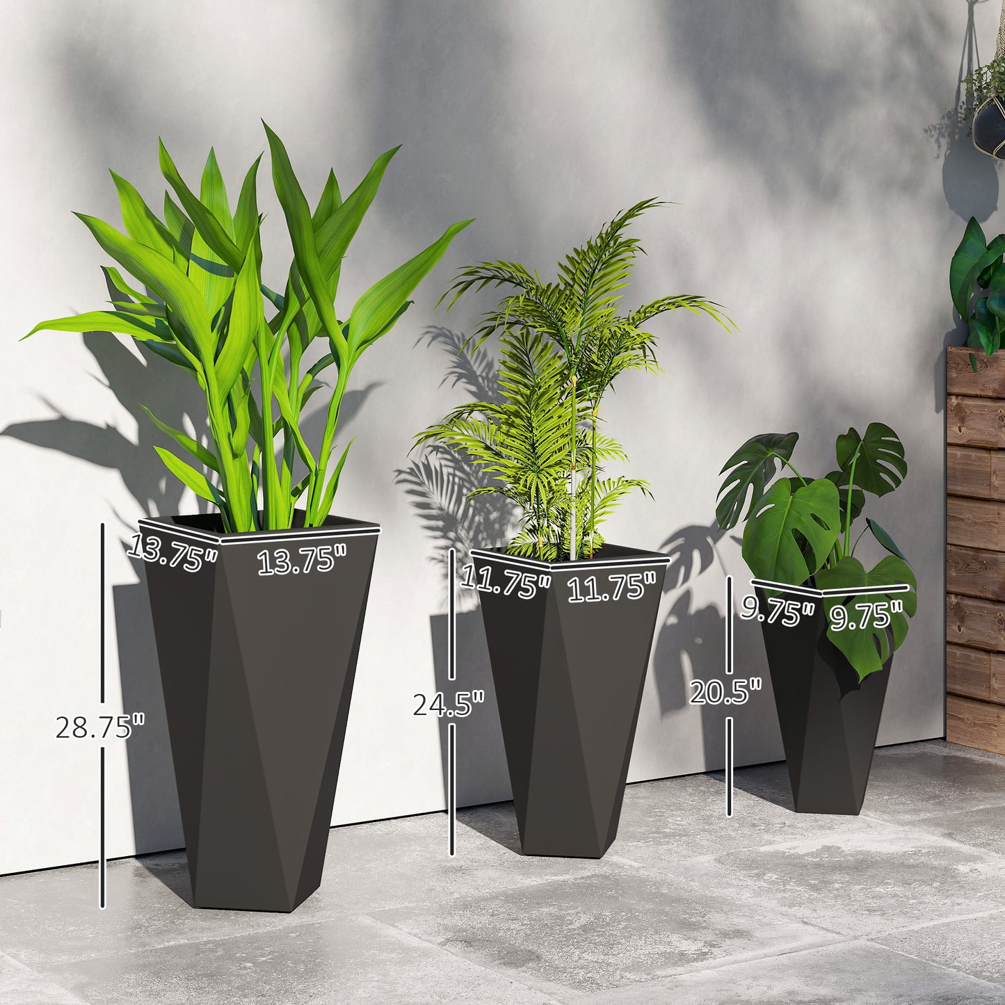 Indoor Outdoor Planters Set of 3 MgO Tall Planters Stackable Flower Pots with Drainage Holes for Garden, Balcony, Black