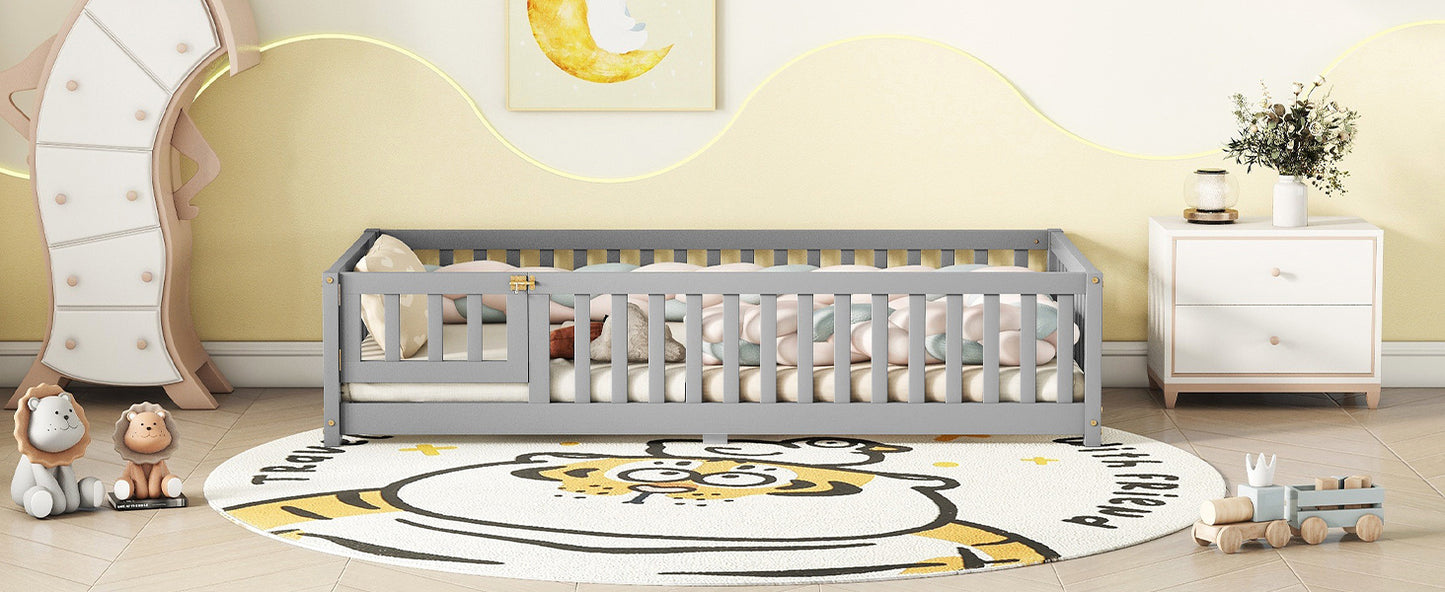 Twin Size Bed Floor Bed With Safety Guardrails And Door For Kids, Gray