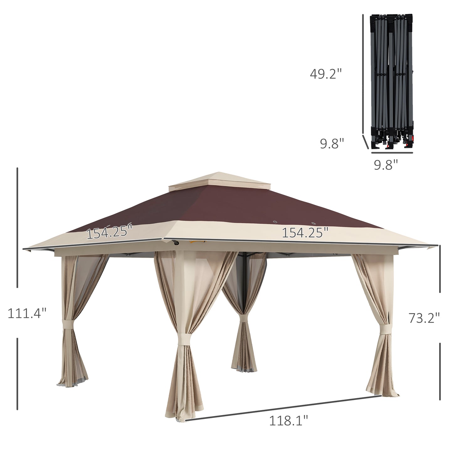 13' X 13' Pop Up Gazebo Instant Canopy Tent Shelter With 2-Tier Roof, Carry Bag, Wight Bags For Outdoor, Garden, Brown