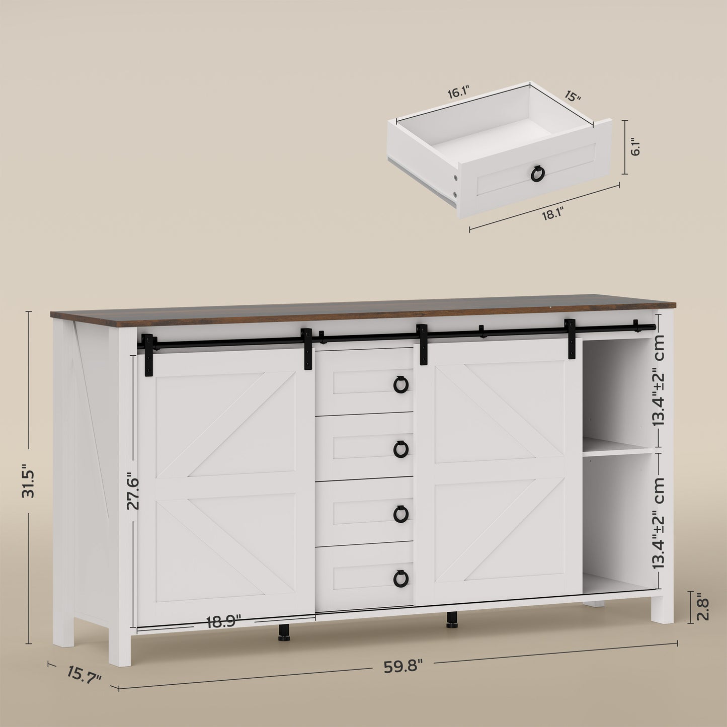 60 Buffet Cabinet, Farmhouse Sideboard With Sliding Barn Doors, Drawers And Adjustable Shelves, Distressed Cream White