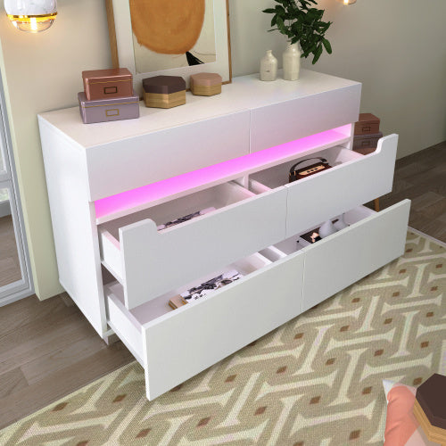 Sideboard Cabinet Dresser With 6 Drawers,Storage With RGB LED App Control, Sideboard With Cut-out Handles, 6-drawers Chest Of Drawers, 71 X 120 X 40 Cm, White