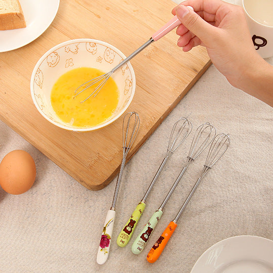 Bear Ceramic Handle Stainless Steel Compact Manual Egg Beater Cake Biscuit Baking Mixer