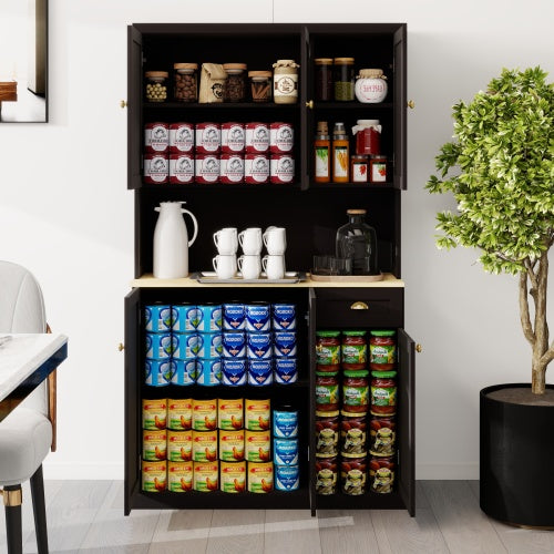 Kitchen Pantry Storage Cupboard With Microwave Countertop, Freestanding Cabinet With Adjustable Shelves, 6 Doors And 1 Drawer - Black