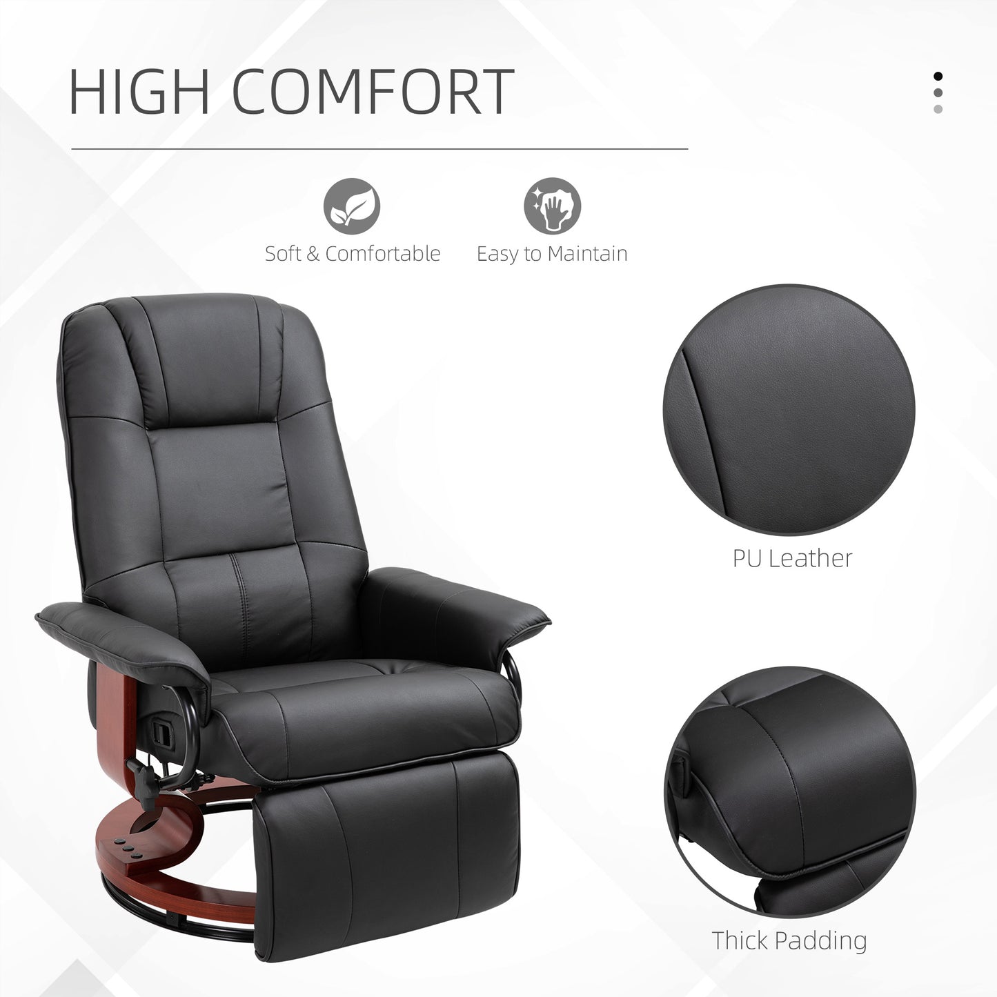 Living Room Relaxation Black Faux Leather Swivel Recliner With Adjustable Footrest
