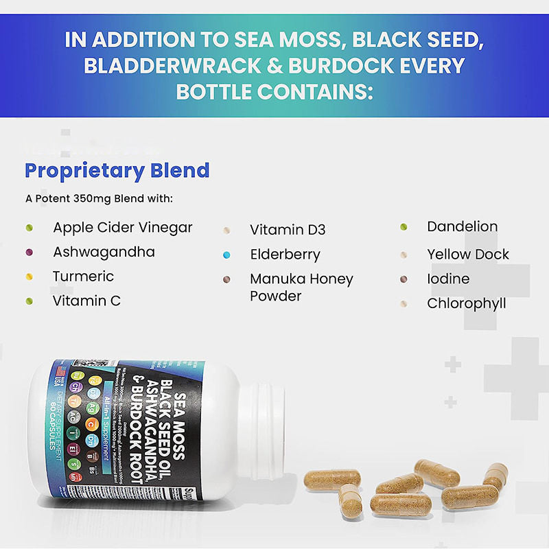 Clean Sea Moss + Ashwagandha Maca Root Bundle with Black Seed Oil, Burdock Root, Fenugreekand More