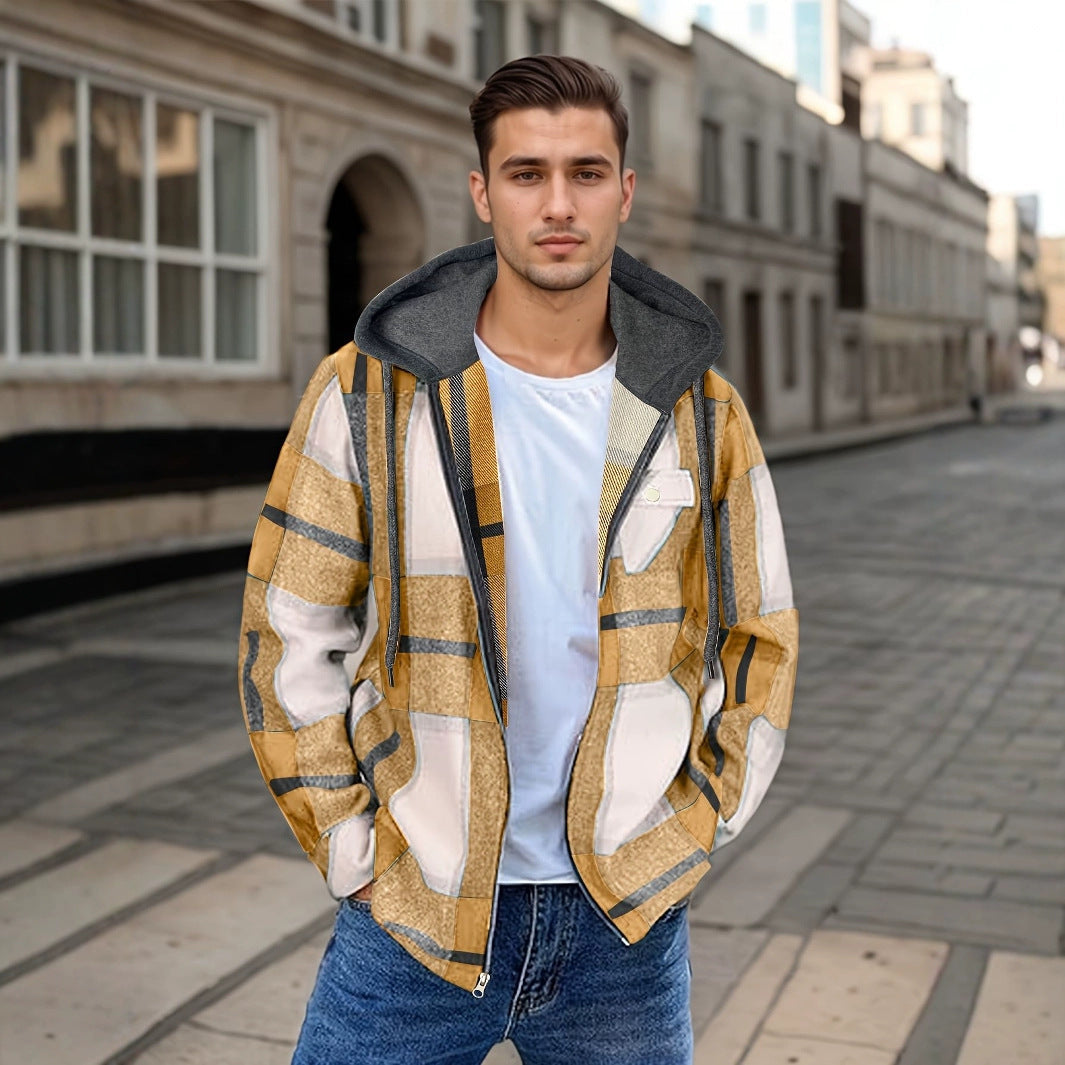 Men's Flannel Jacket Zipper Hooded Jacket