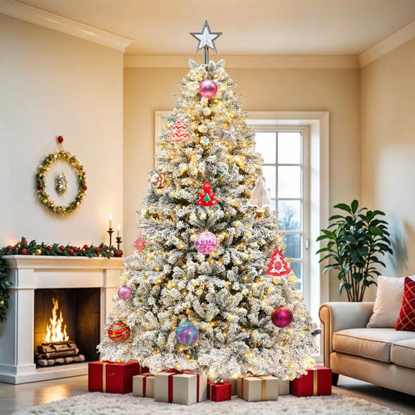 6ft Pre-lit Snow Flocked Christmas Tree with 1000 Branch Tips & 250 Lights, Christmas Pine Tree with Remote, 11 Light Modes