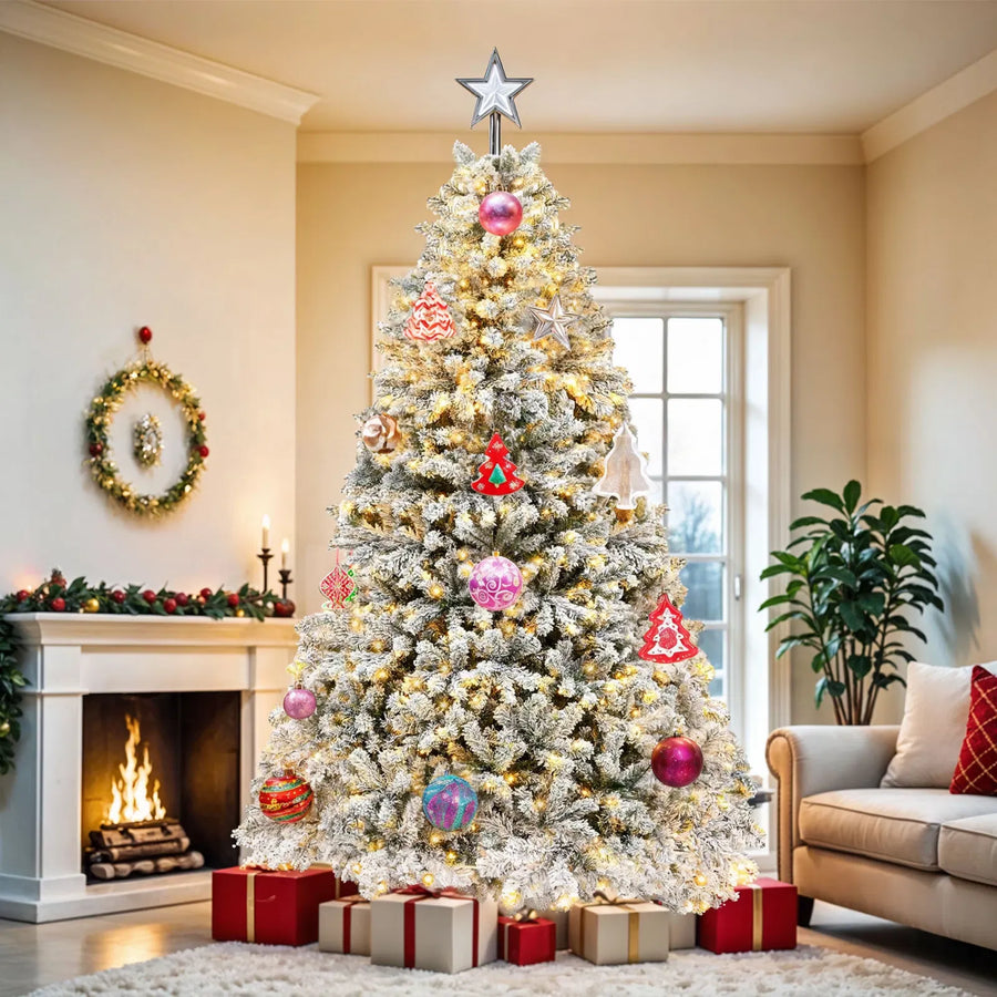 6ft Pre-lit Snow Flocked Christmas Tree with 1000 Branch Tips & 250 Lights, Christmas Pine Tree with Remote, 11 Light Modes