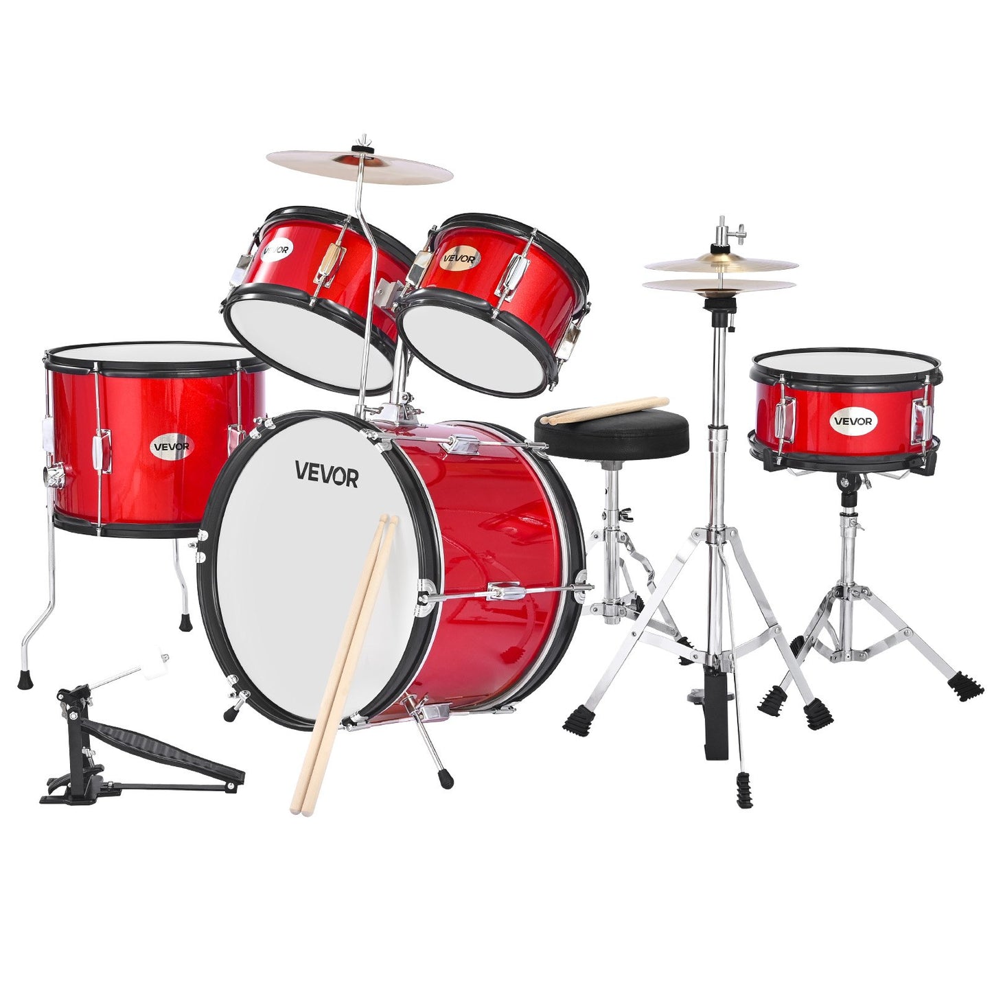 Schlagzeug Set, 5-teilig, Drum Kit Für Anfänger, Inkl. Basstrommel, Snare, Tomtoms, Standtom, Crash-Becken, Hi-Hat Mit Ständer, Musik-Lern-Instrumentenset, Für Kinder Von 6–13 Jahren (rot)