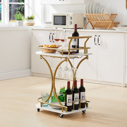 2-Tier Bar Cart,Gold Wine Cart With Wine Rack  Glass Holder,Mobile Bar Serving Cart,for Party,Home,Rolling Drink Trolley For Living Room