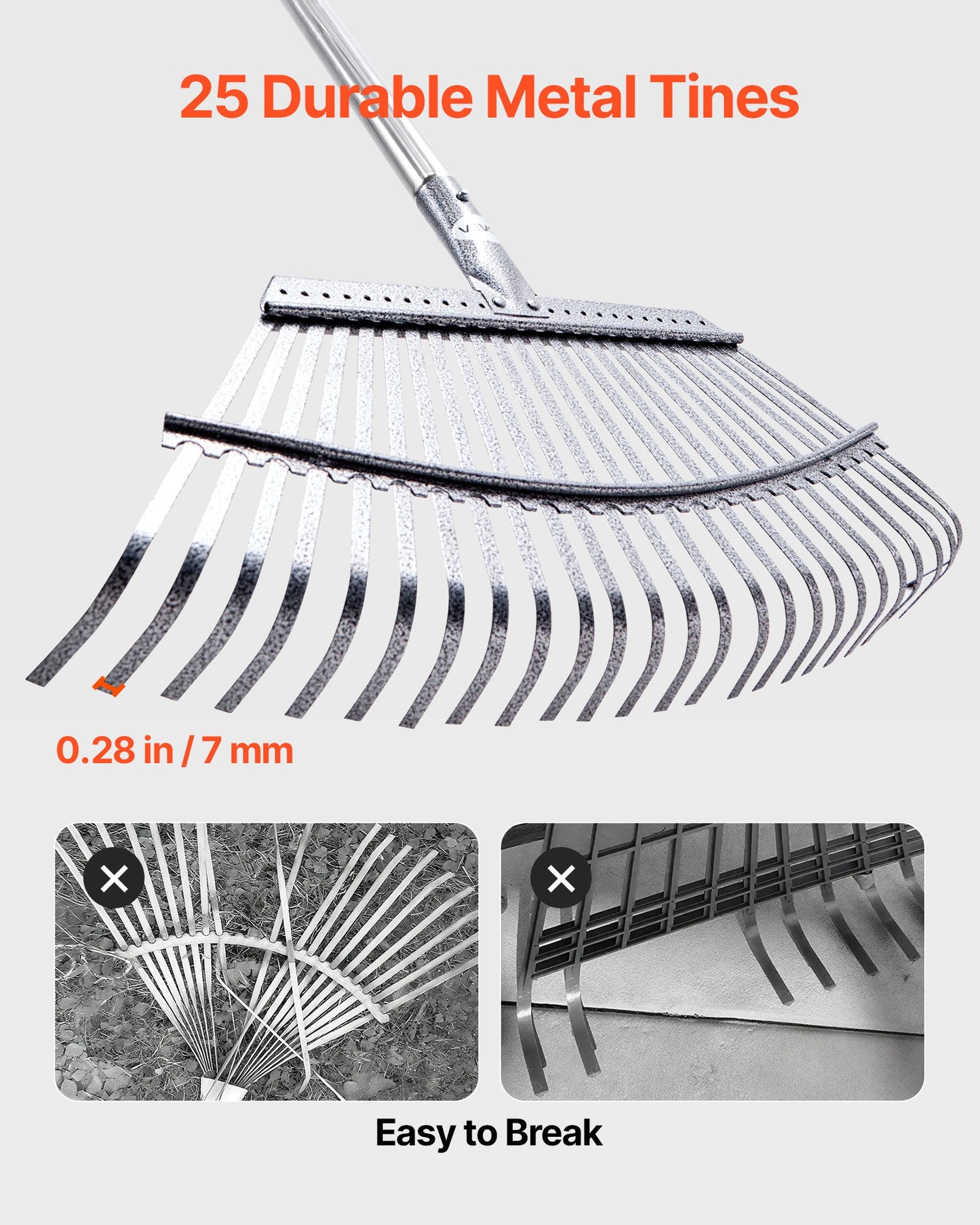 Leaf Rake Steel Garden Rake 25-Tine 36.4-72.8 Inch Adjustable Long Handle