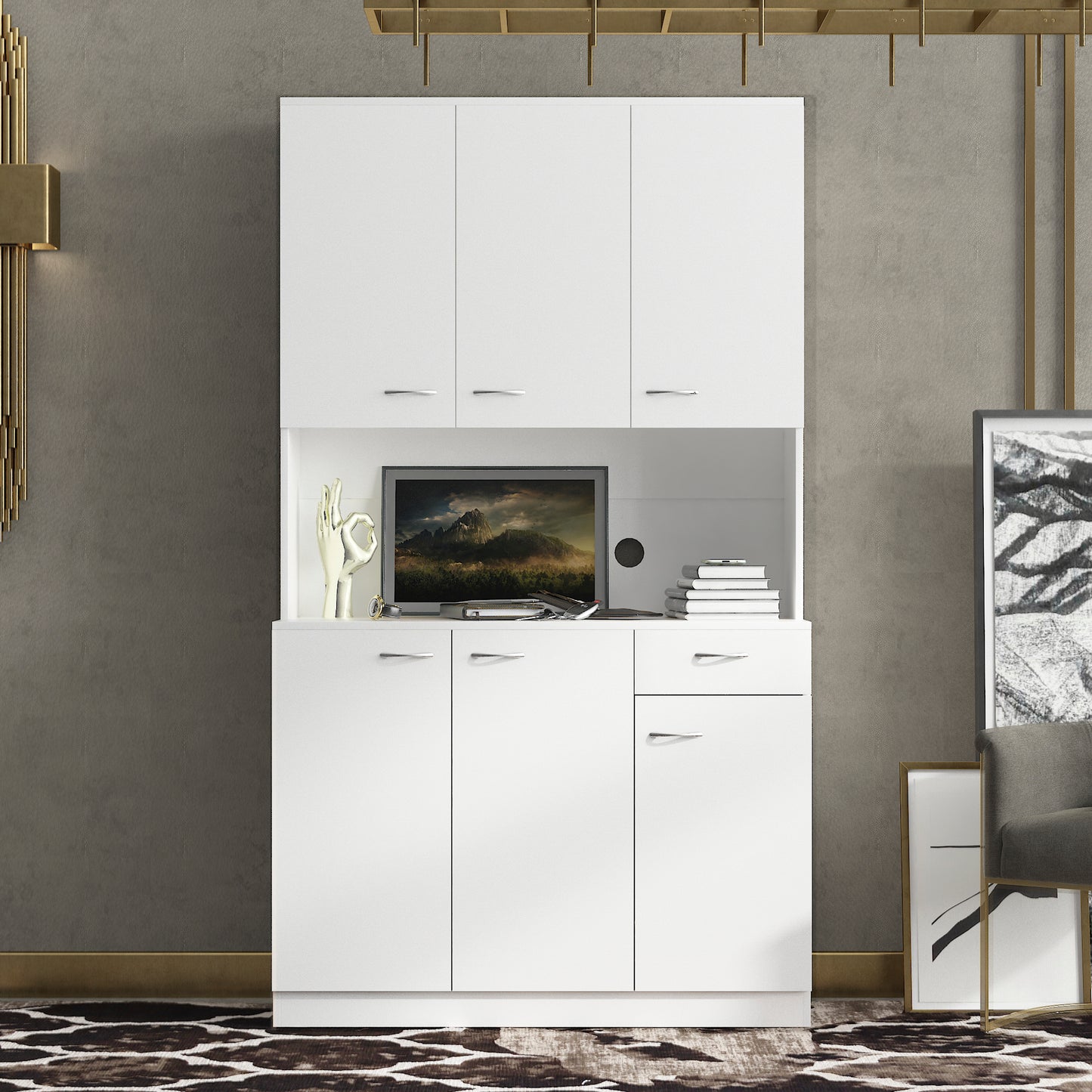 70.87 Tall Wardrobe& Kitchen Cabinet, With 6-Doors, 1-Open Shelves And 1-Drawer For Bedroom,White